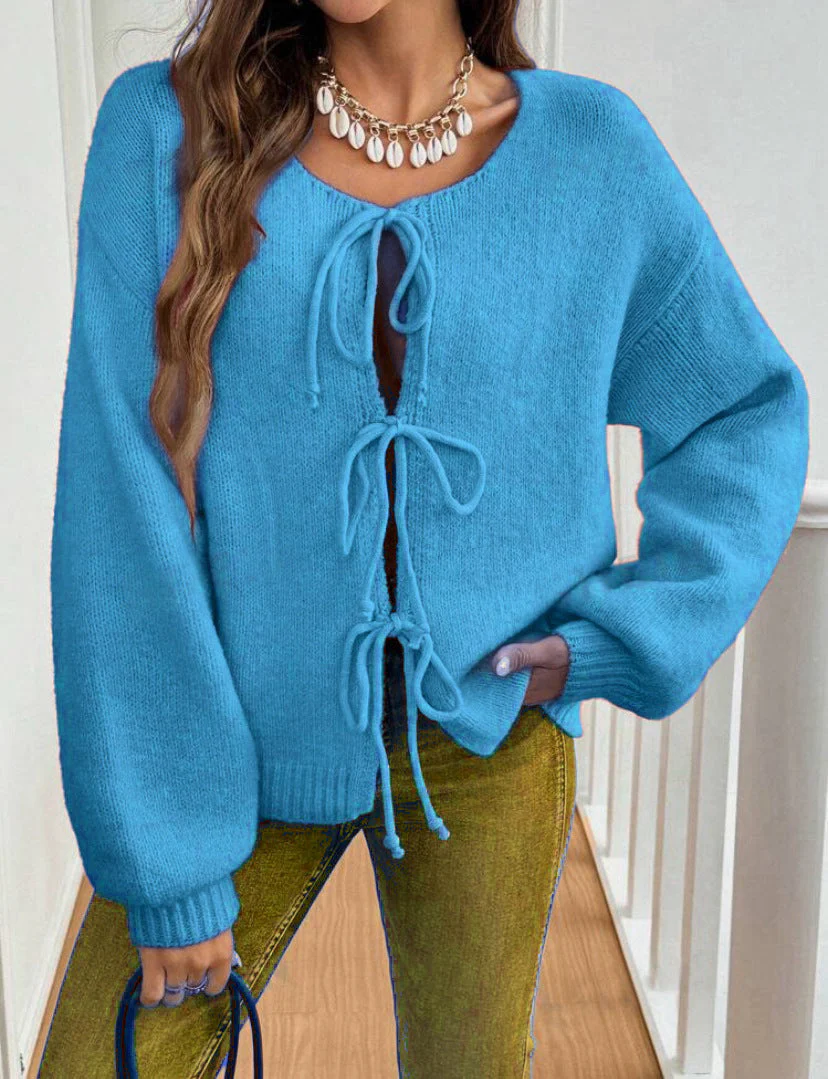 Ceylan Women's Cardigan Cropped Tie Front Open Knit Sweater - Image 7