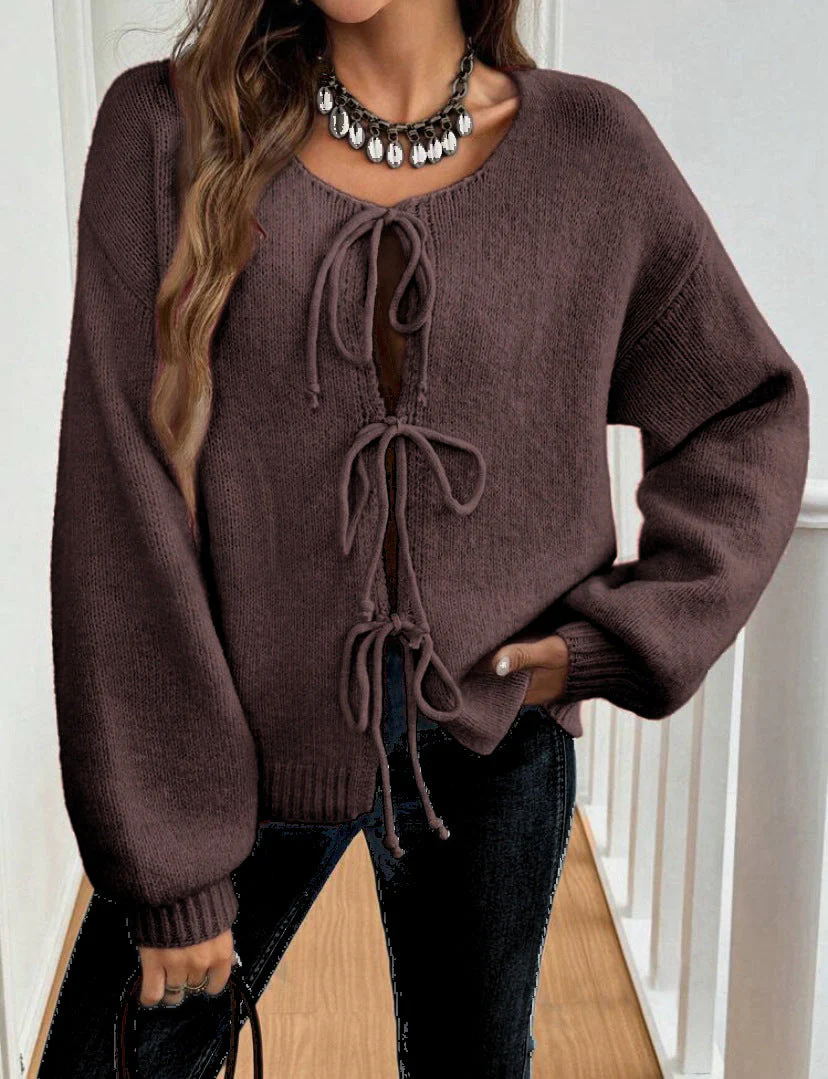 Ceylan Women's Cardigan Cropped Tie Front Open Knit Sweater - Image 8