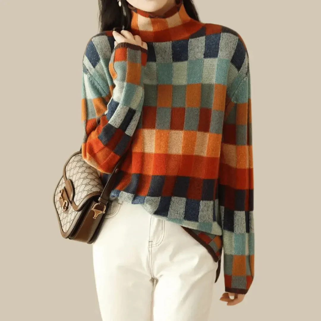 Ceylan Women's Checkered Mock Neck Knit Pullover Sweater - Image 2