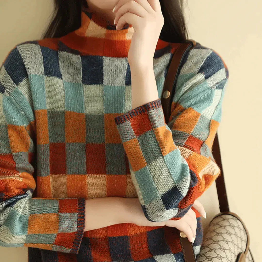 Ceylan Women's Checkered Mock Neck Knit Pullover Sweater - Image 4