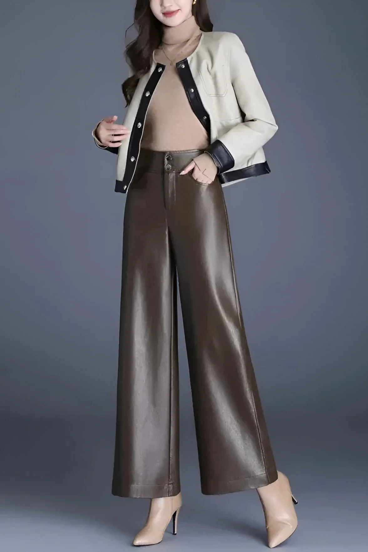 Ceylan Women's Faux Leather Trousers High Waist Wide Leg - Image 9