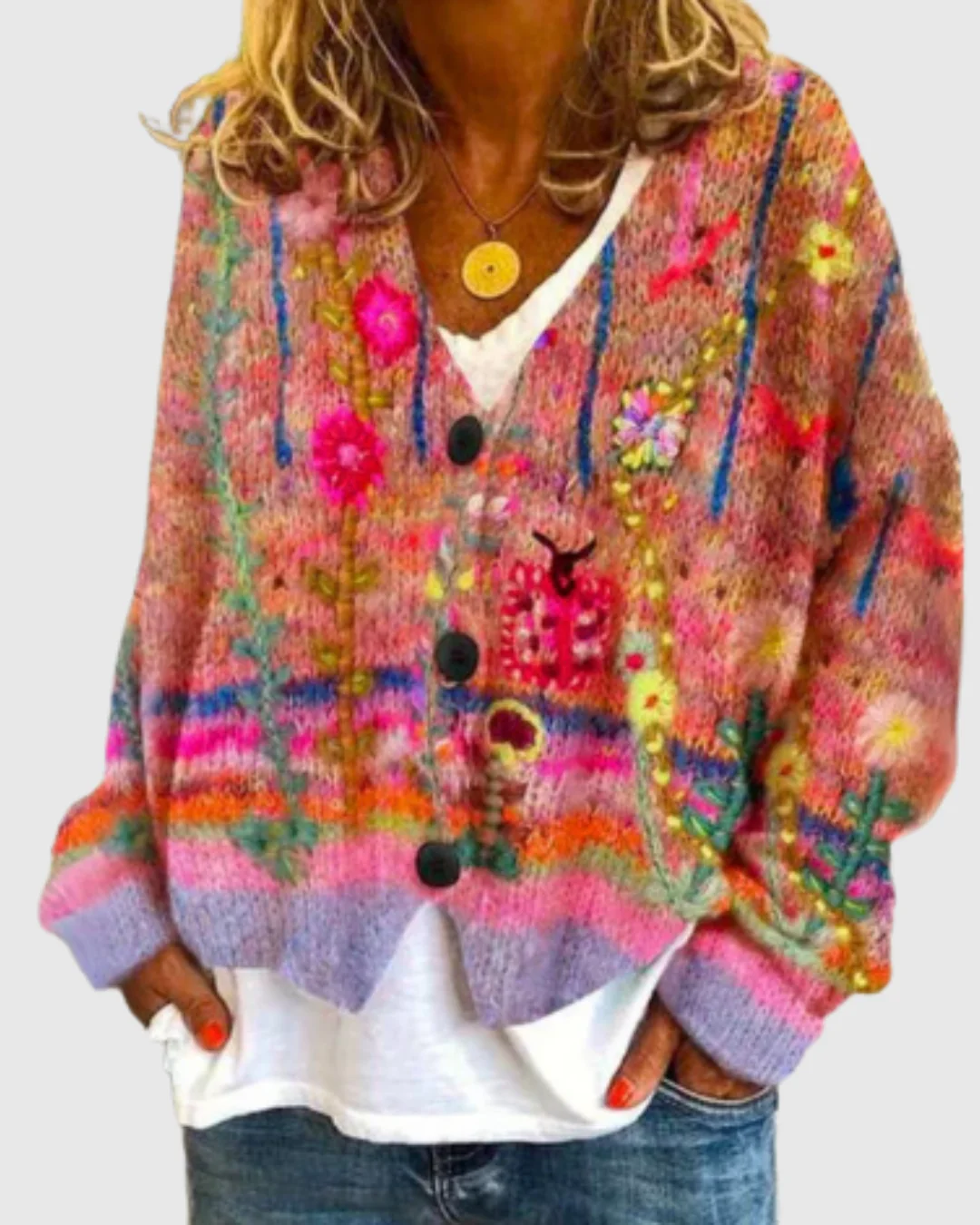 Ceylan Women's Floral Embroidered Chunky Knit Cardigan - Image 4