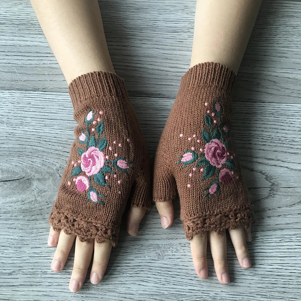 Ceylan Women's Floral Embroidered Fingerless Knit Gloves - Image 2
