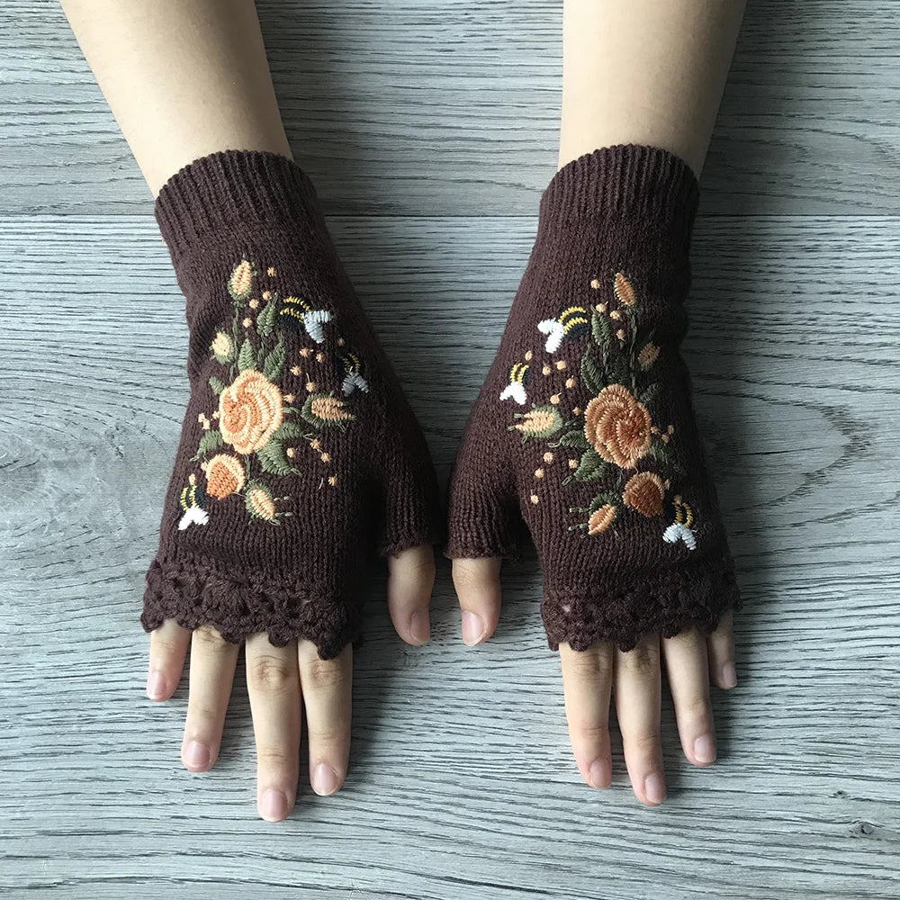 Ceylan Women's Floral Embroidered Fingerless Knit Gloves - Image 3