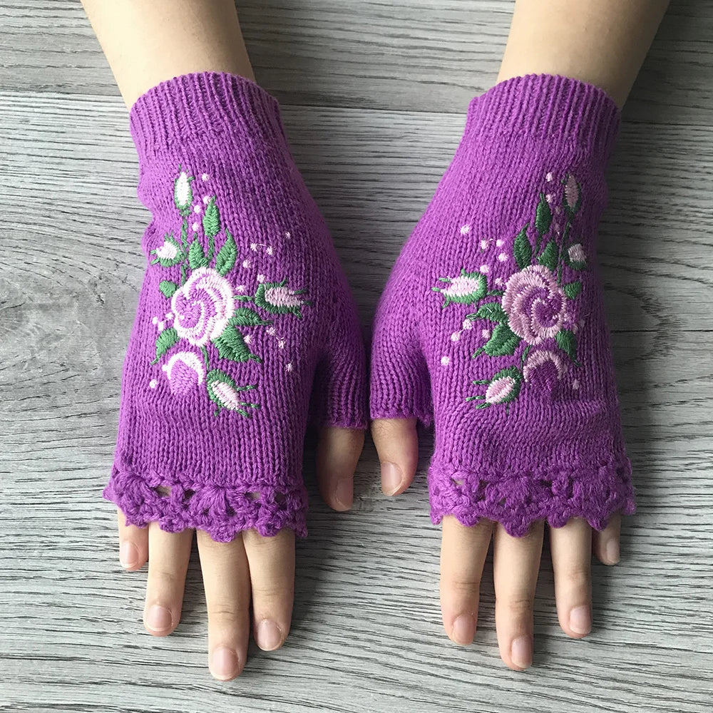 Ceylan Women's Floral Embroidered Fingerless Knit Gloves - Image 6