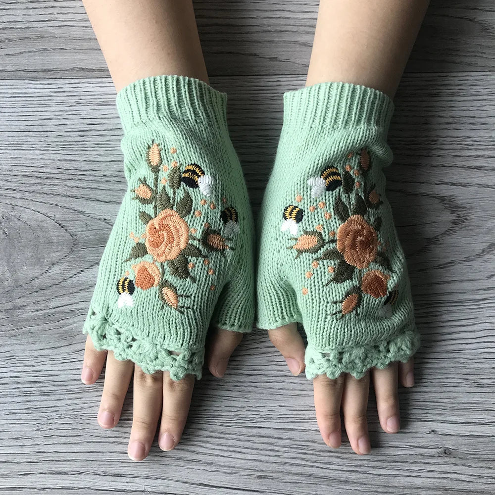 Ceylan Women's Floral Embroidered Fingerless Knit Gloves - Image 7