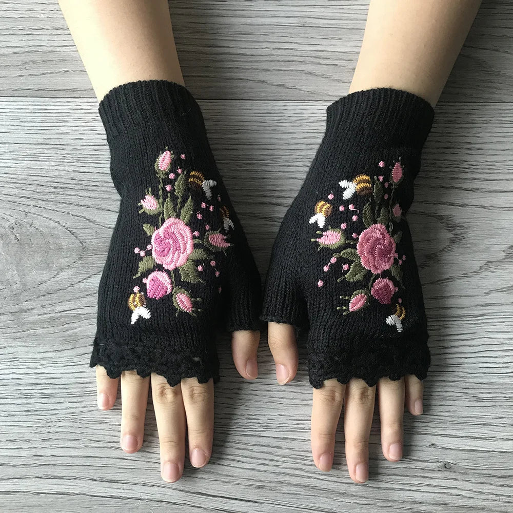 Ceylan Women's Floral Embroidered Fingerless Knit Gloves - Image 8