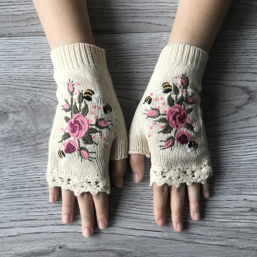 Ceylan Women's Floral Embroidered Fingerless Knit Gloves - Image 9
