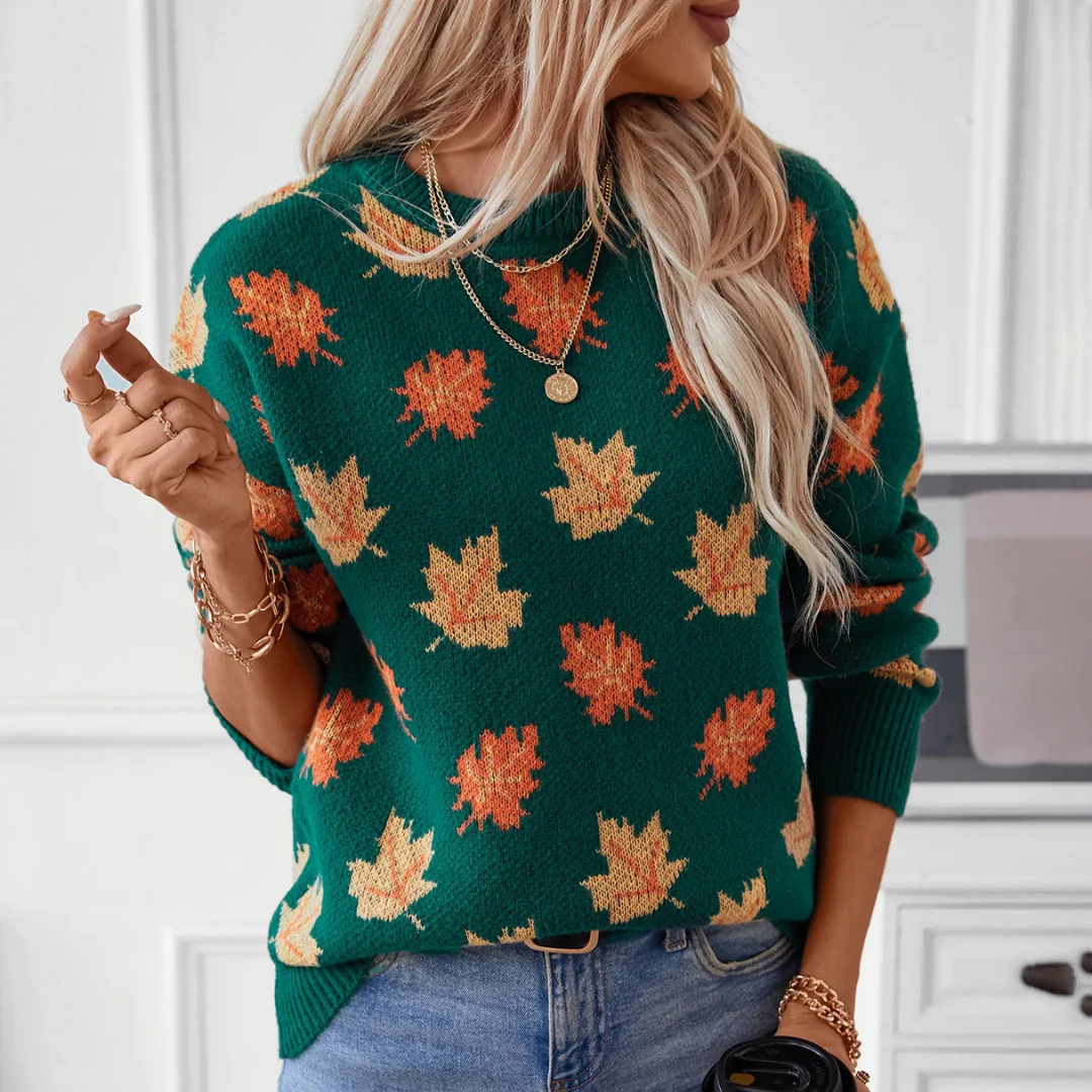 Ceylan Women's Knit Sweater Autumn Leaf Pattern - Image 2