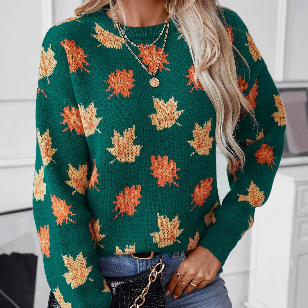 Ceylan Women's Knit Sweater Autumn Leaf Pattern - Image 4