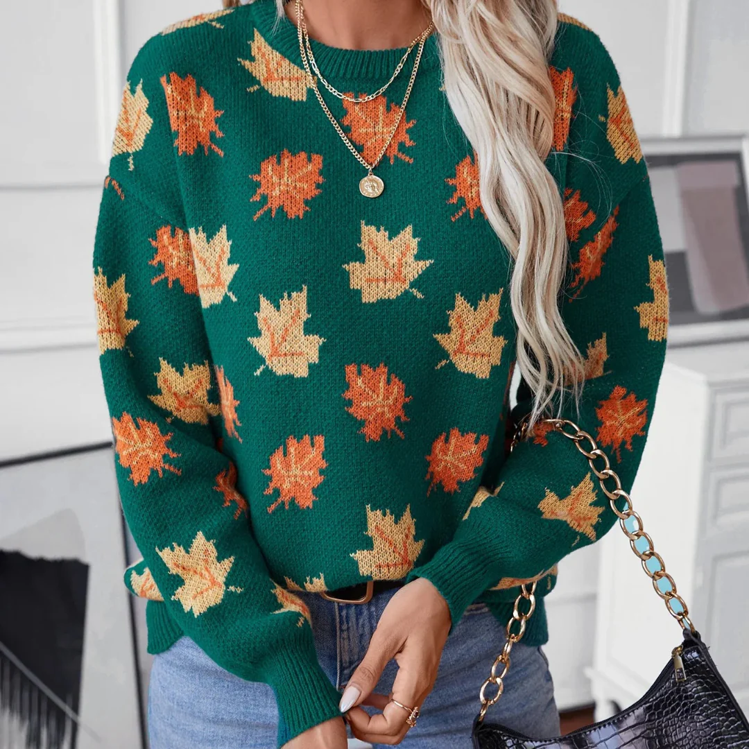 Ceylan Women's Knit Sweater Autumn Leaf Pattern - Image 5