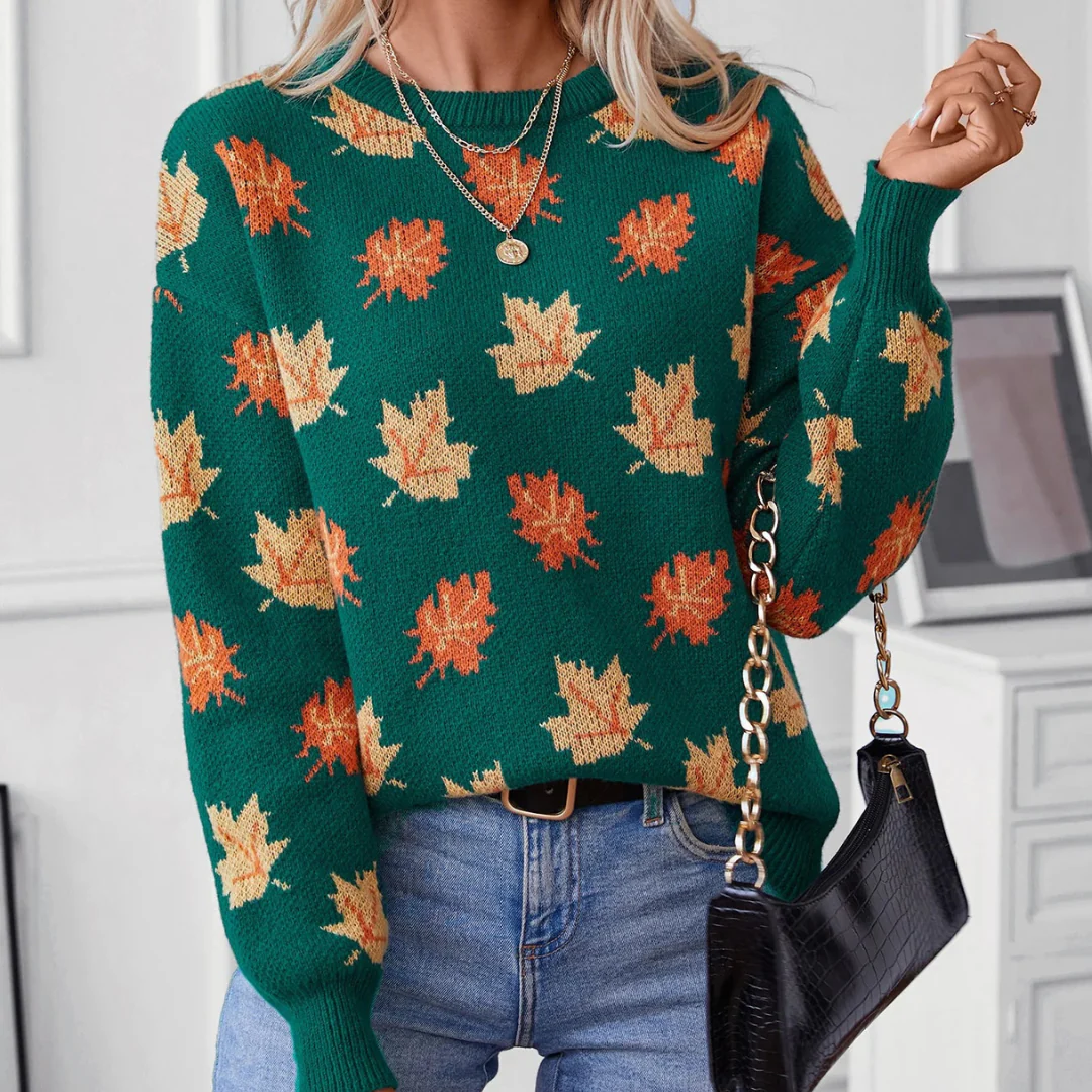 Ceylan Women's Knit Sweater Autumn Leaf Pattern - Image 6