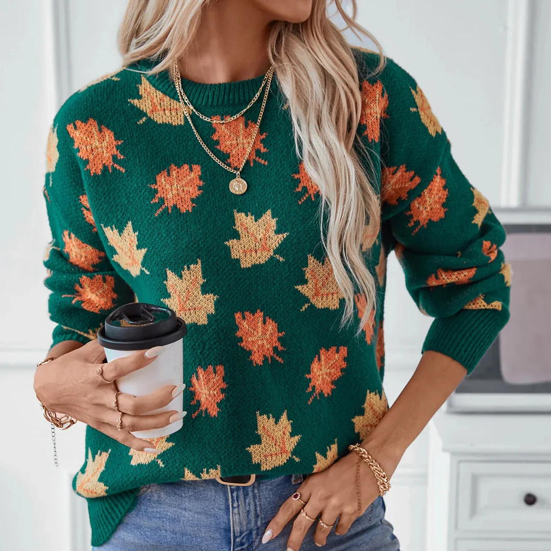 Ceylan Women's Knit Sweater Autumn Leaf Pattern - Image 7