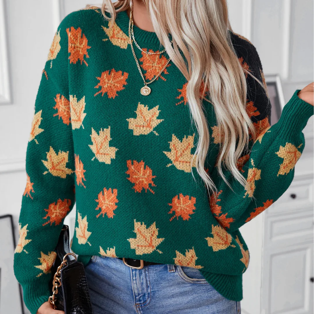 Ceylan Women's Knit Sweater Autumn Leaf Pattern - Image 8
