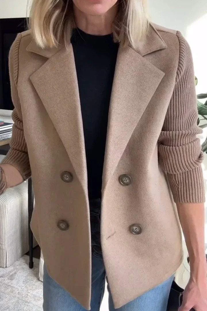 Ceylan Women's Lapel Coat Patchwork Sleeve Button Detail - Image 2