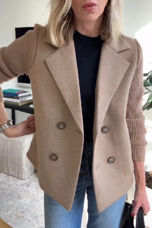 Ceylan Women's Lapel Coat Patchwork Sleeve Button Detail - Image 3