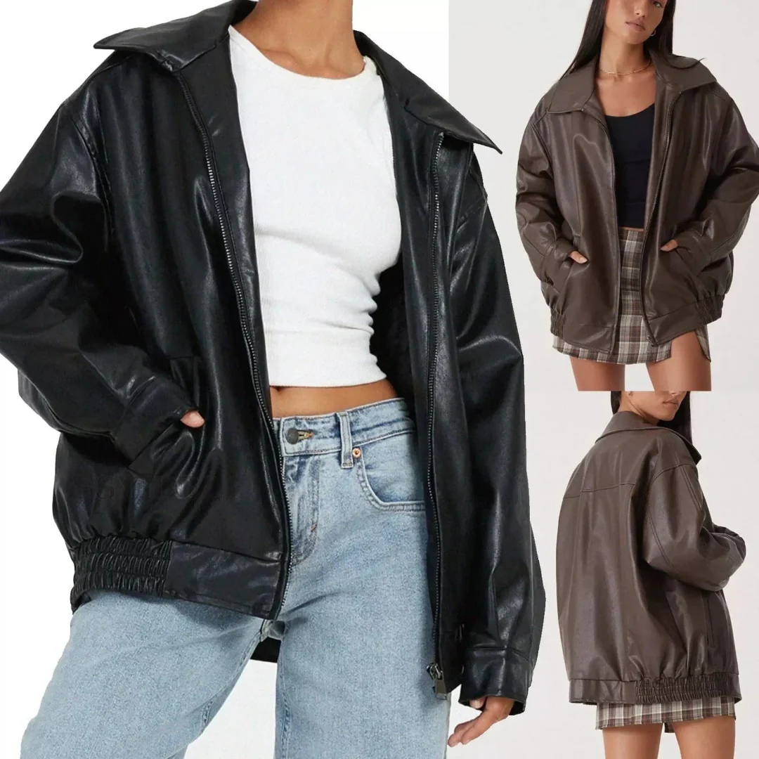 Ceylan Women's Oversized Faux Leather Bomber Moto Jacket - Image 3