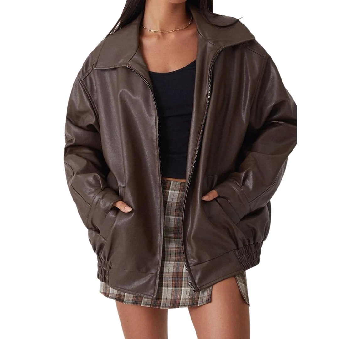 Ceylan Women's Oversized Faux Leather Bomber Moto Jacket - Image 4
