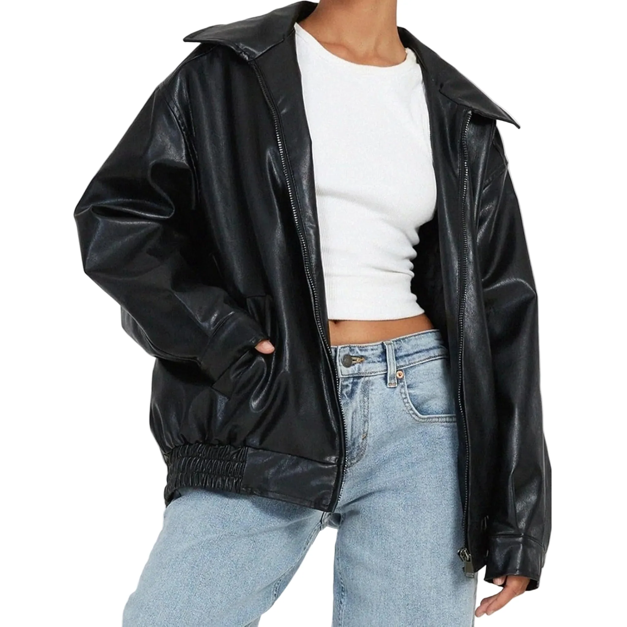Ceylan Women's Oversized Faux Leather Bomber Moto Jacket - Image 5