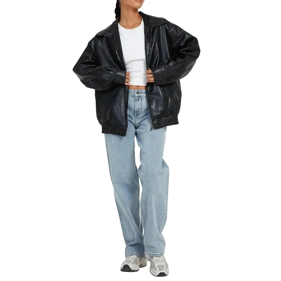 Ceylan Women's Oversized Faux Leather Bomber Moto Jacket - Image 6