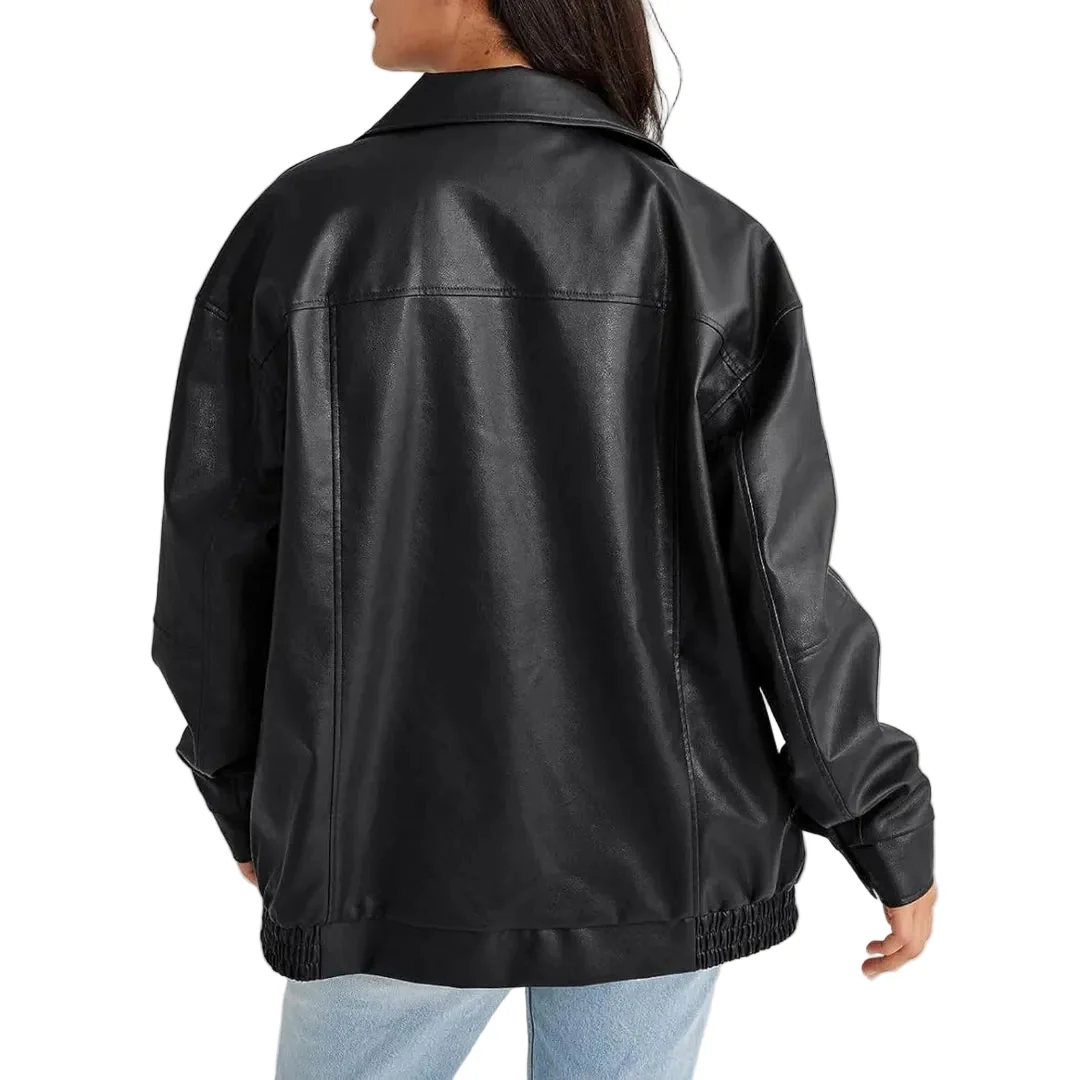 Ceylan Women's Oversized Faux Leather Bomber Moto Jacket - Image 7
