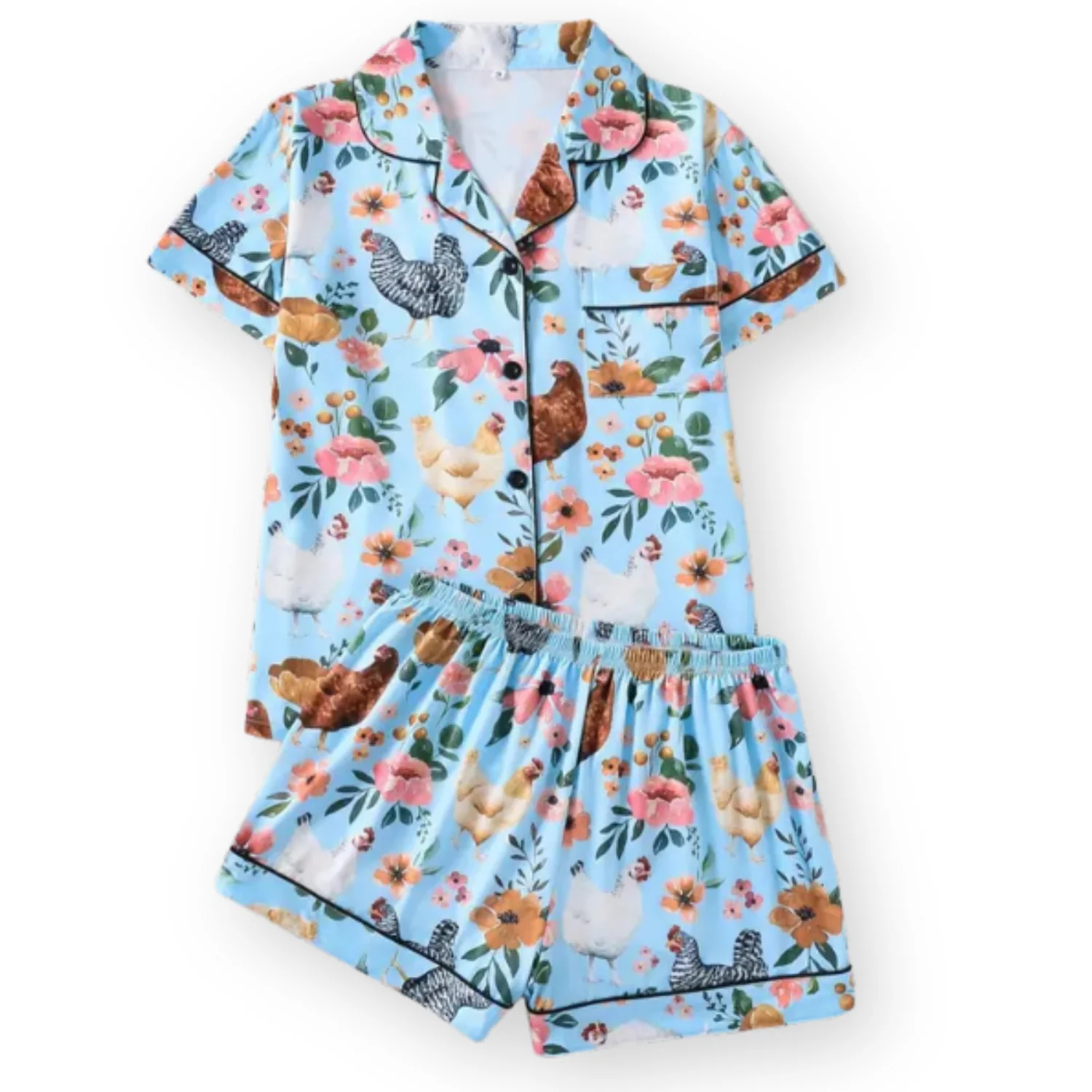 Ceylan Women's Pajama Set: Whimsical Floral Chicken Print - Image 3