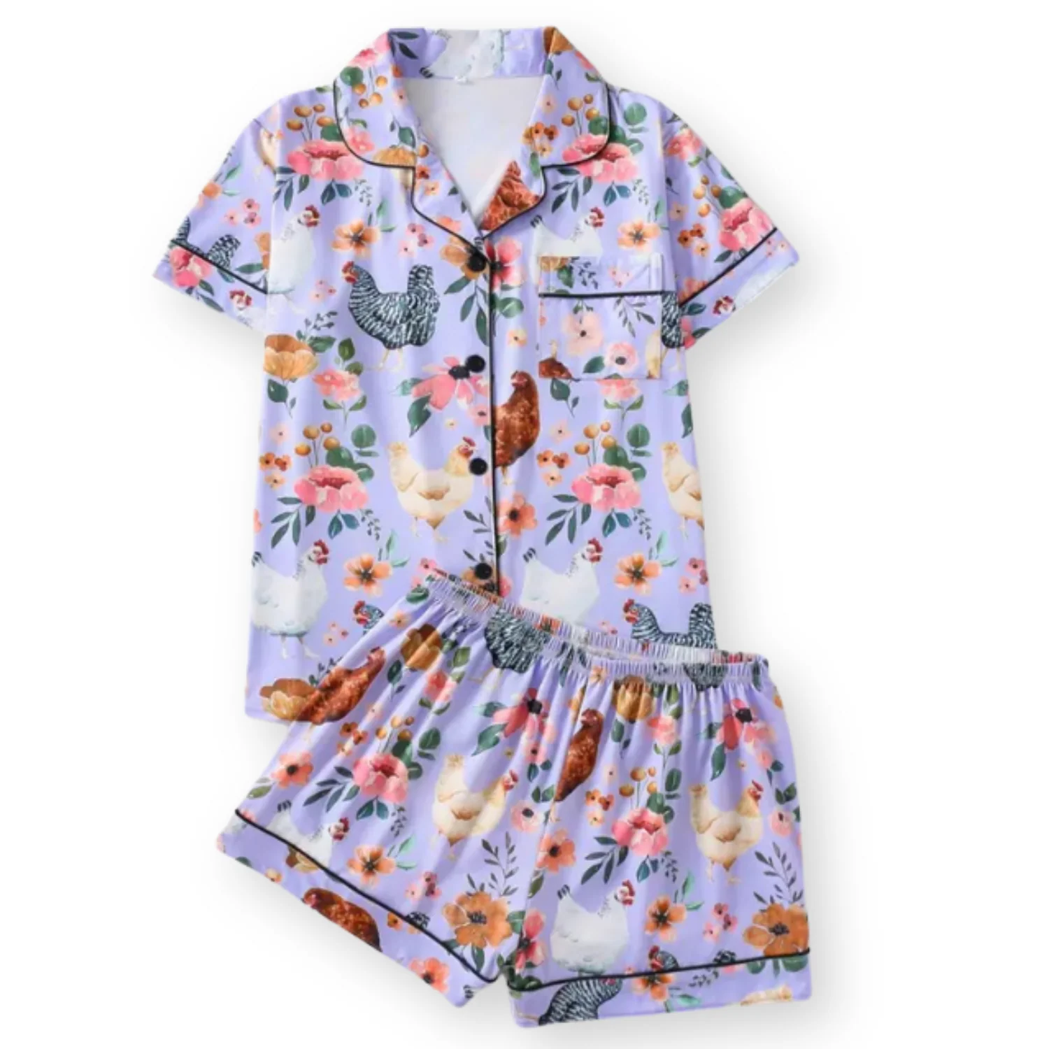 Ceylan Women's Pajama Set: Whimsical Floral Chicken Print - Image 4