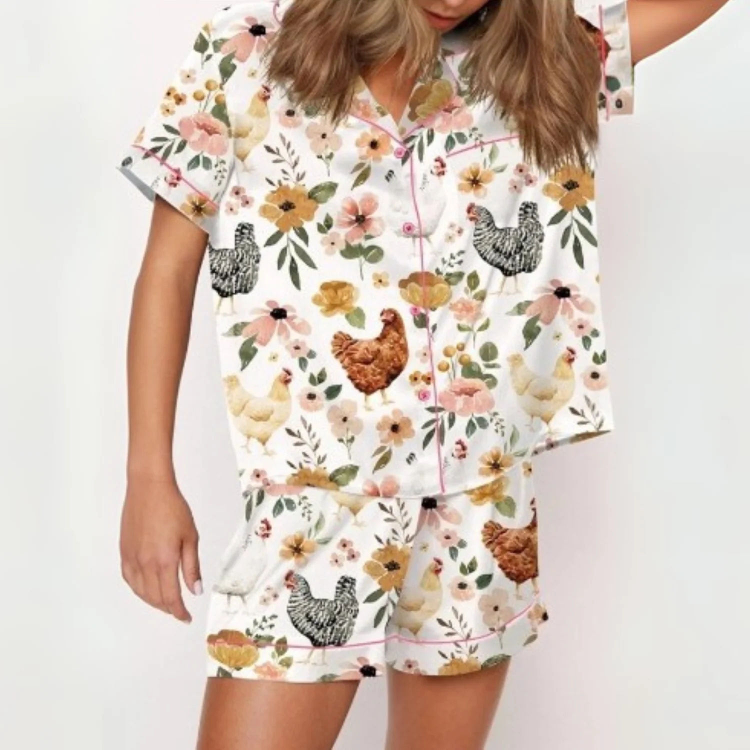 Ceylan Women's Pajama Set: Whimsical Floral Chicken Print - Image 8