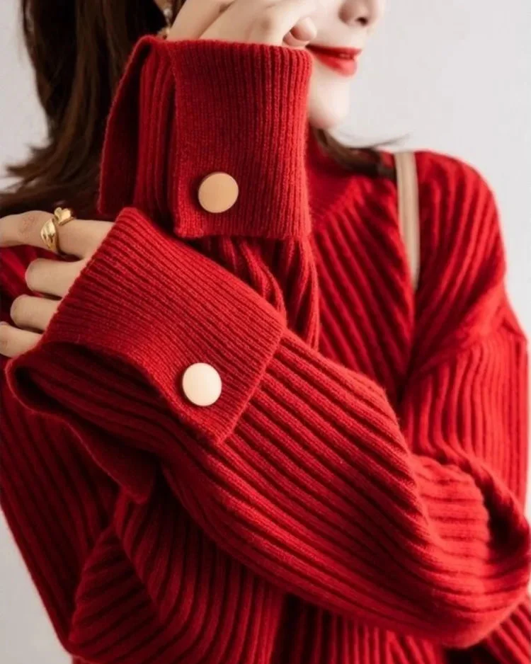 Ceylan Women's Pullover Ribbed Mock Neck Button Detail Sweater - Image 2