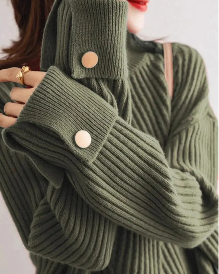 Ceylan Women's Pullover Ribbed Mock Neck Button Detail Sweater - Image 3