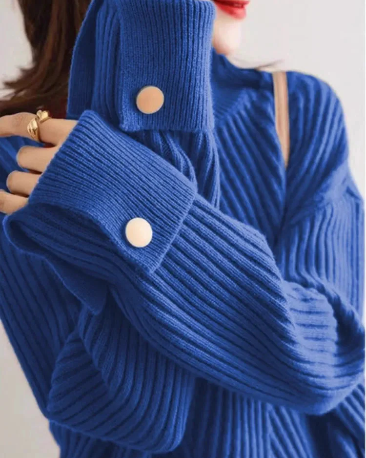 Ceylan Women's Pullover Ribbed Mock Neck Button Detail Sweater - Image 4