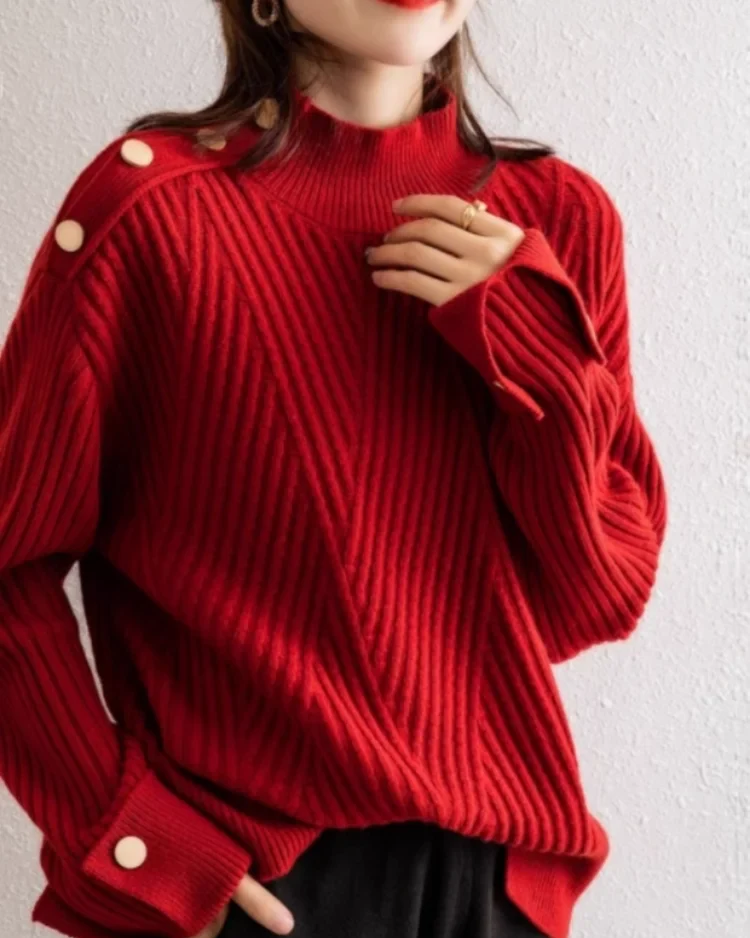 Ceylan Women's Pullover Ribbed Mock Neck Button Detail Sweater - Image 5