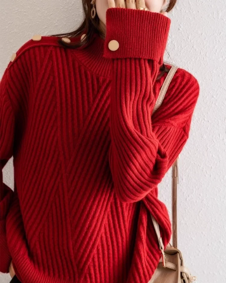 Ceylan Women's Pullover Ribbed Mock Neck Button Detail Sweater - Image 6