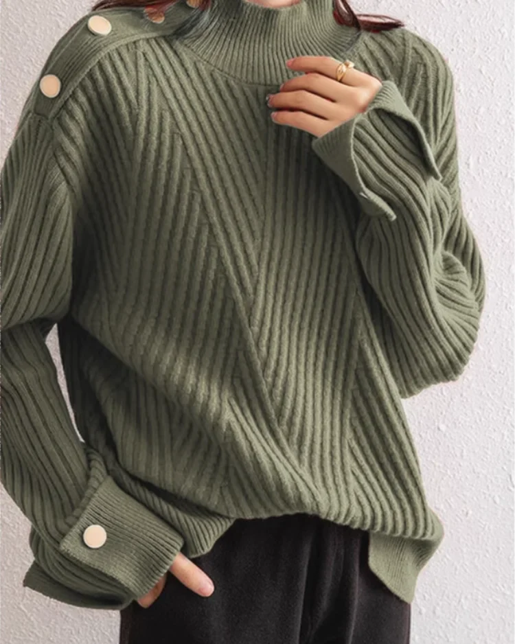 Ceylan Women's Pullover Ribbed Mock Neck Button Detail Sweater - Image 7