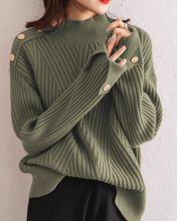 Ceylan Women's Pullover Ribbed Mock Neck Button Detail Sweater - Image 8