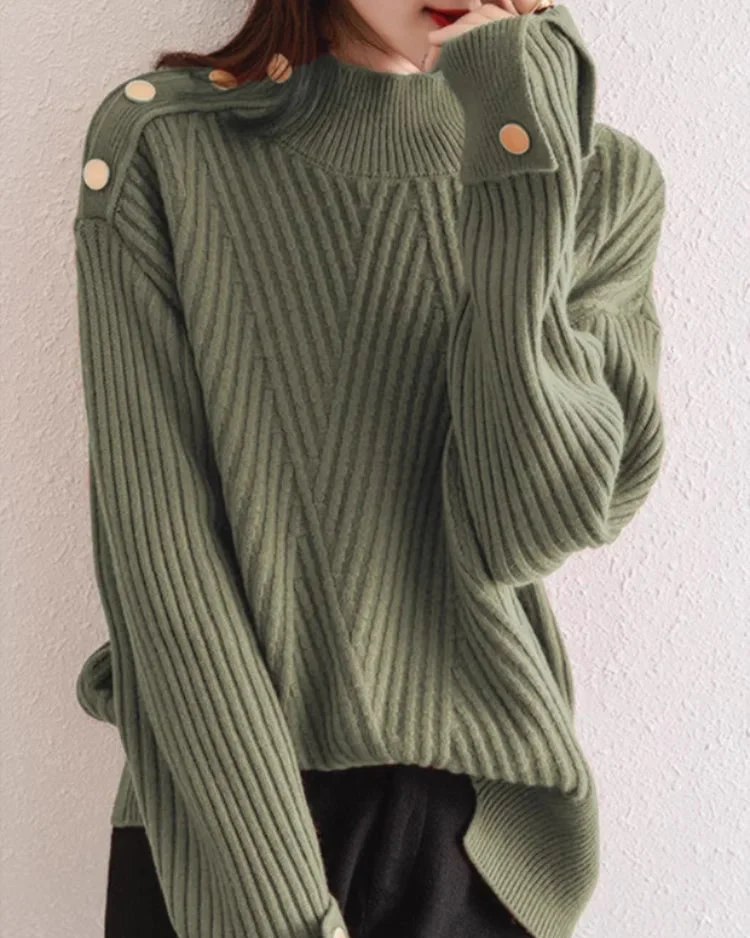 Ceylan Women's Pullover Ribbed Mock Neck Button Detail Sweater - Image 9