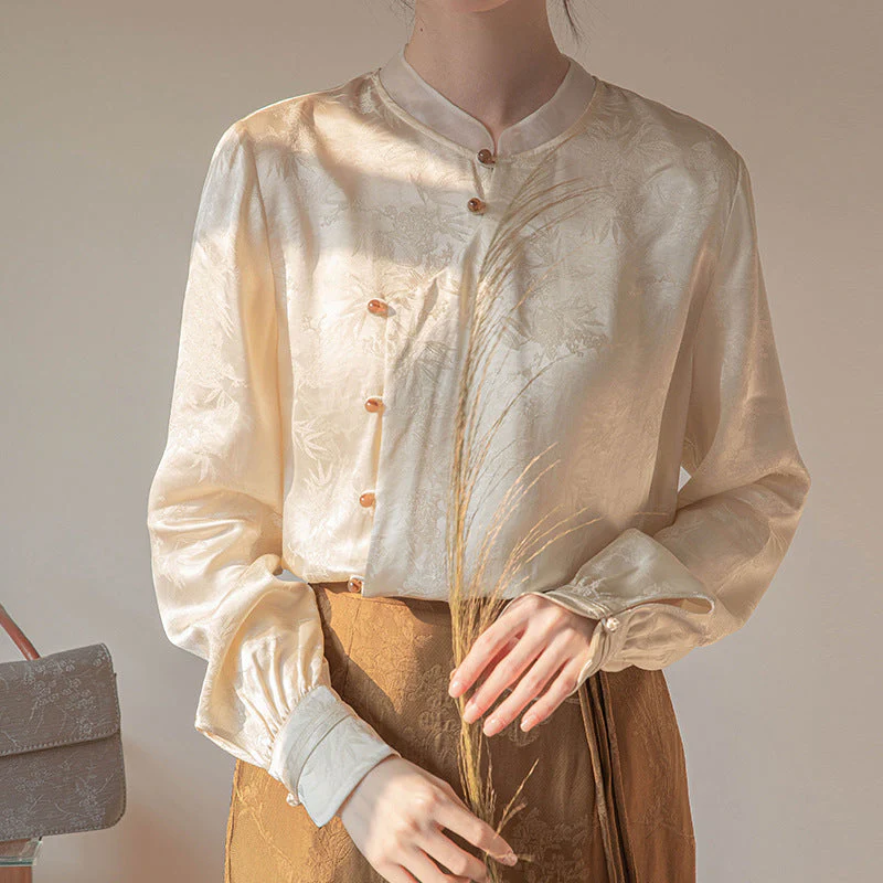 Ceylan Women's Satin Jacquard Blouse Mandarin Collar Top - Image 3