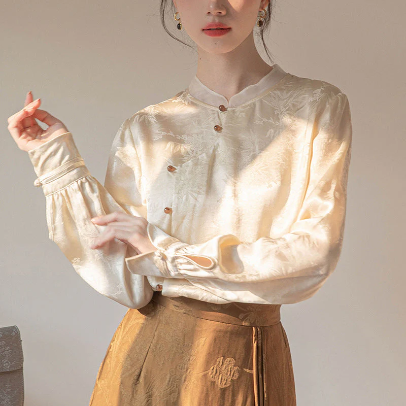 Ceylan Women's Satin Jacquard Blouse Mandarin Collar Top - Image 4