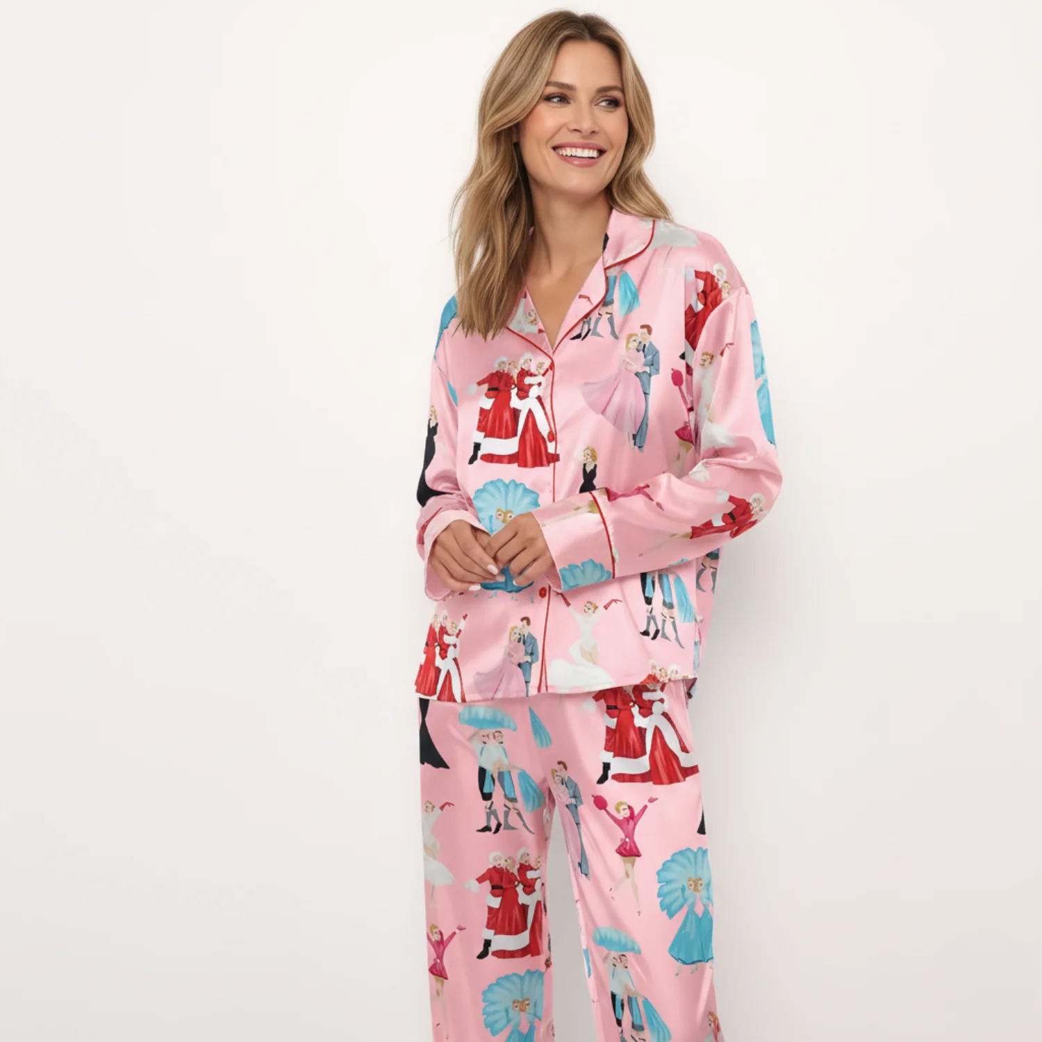 Ceylan Women's Satin Pajama Set Thematic Holiday Print - Image 3