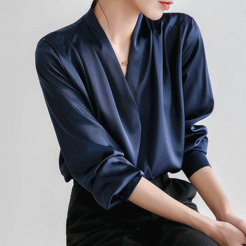 Ceylan Women's Satin V-Neck Blouse Pleated Long Sleeve - Image 3