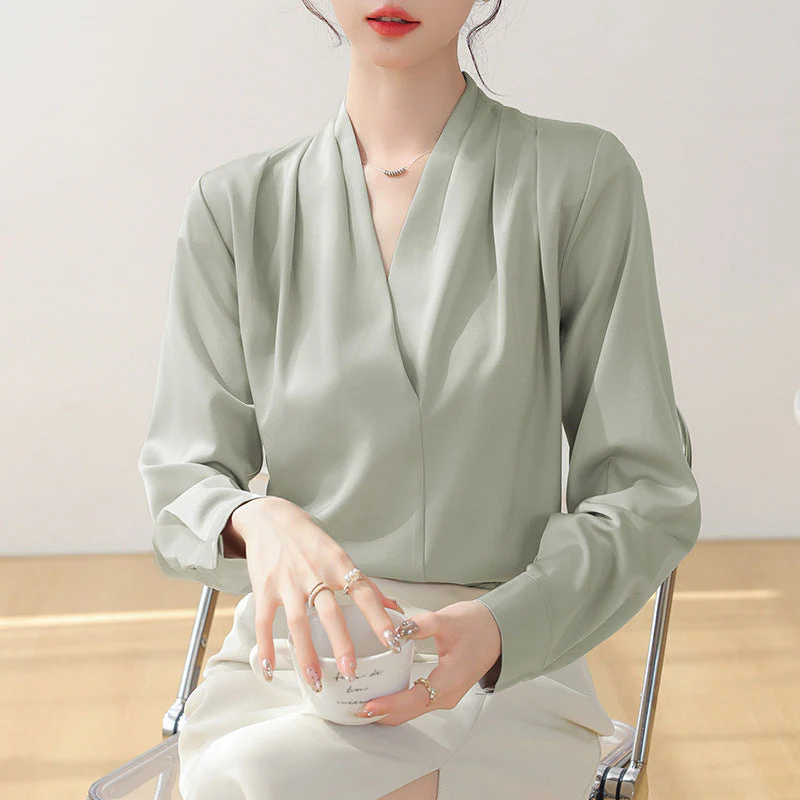 Ceylan Women's Satin V-Neck Blouse Pleated Long Sleeve - Image 5