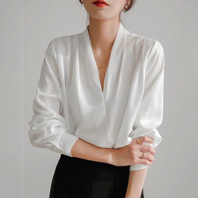 Ceylan Women's Satin V-Neck Blouse Pleated Long Sleeve - Image 6