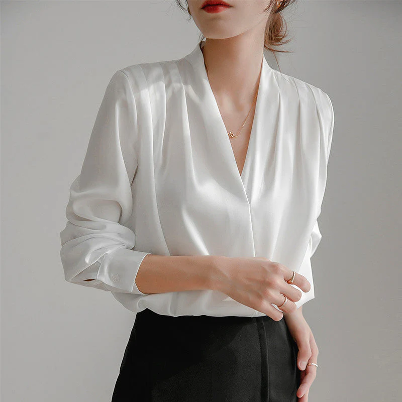 Ceylan Women's Satin V-Neck Blouse Pleated Long Sleeve - Image 7