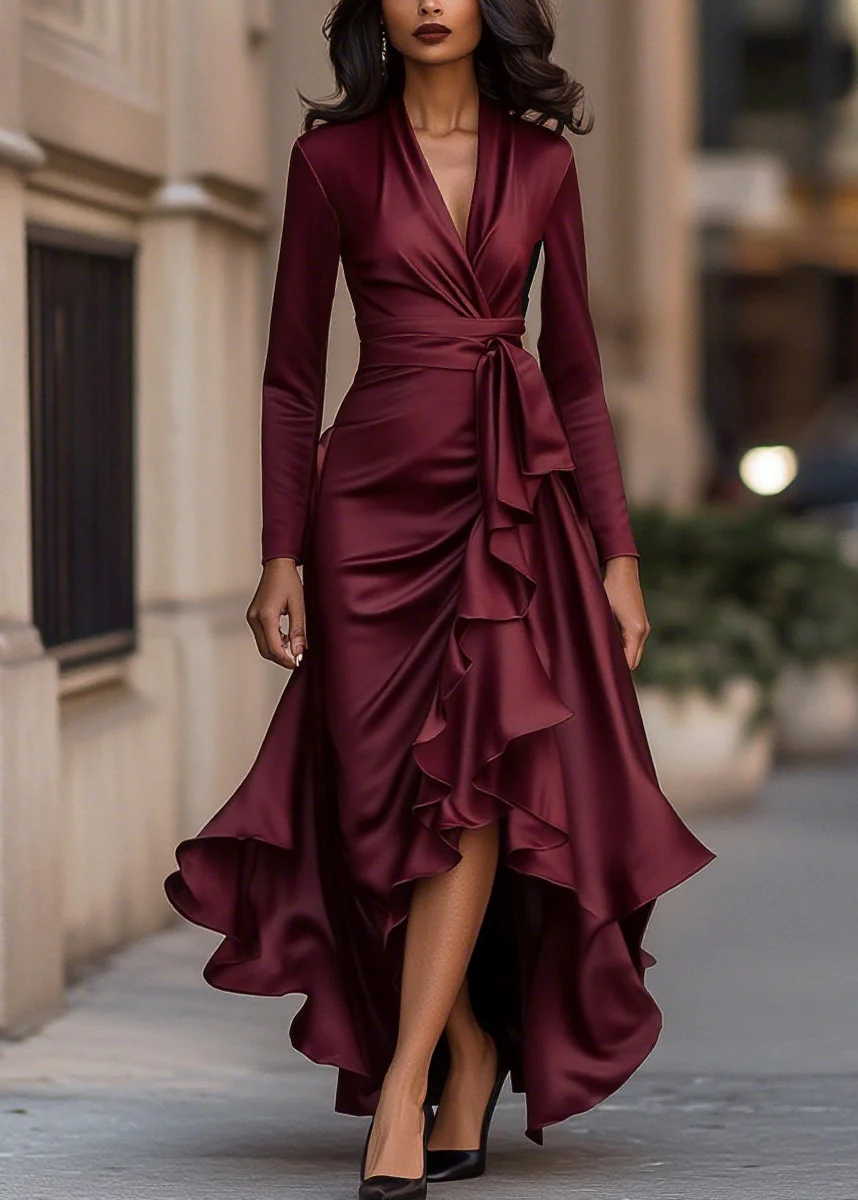 Ceylan Women's Satin Wrap Dress High Low Ruffle Detail - Image 5
