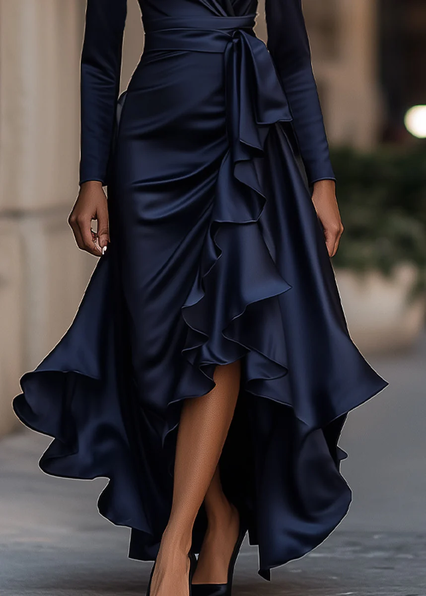 Ceylan Women's Satin Wrap Dress High Low Ruffle Detail - Image 9
