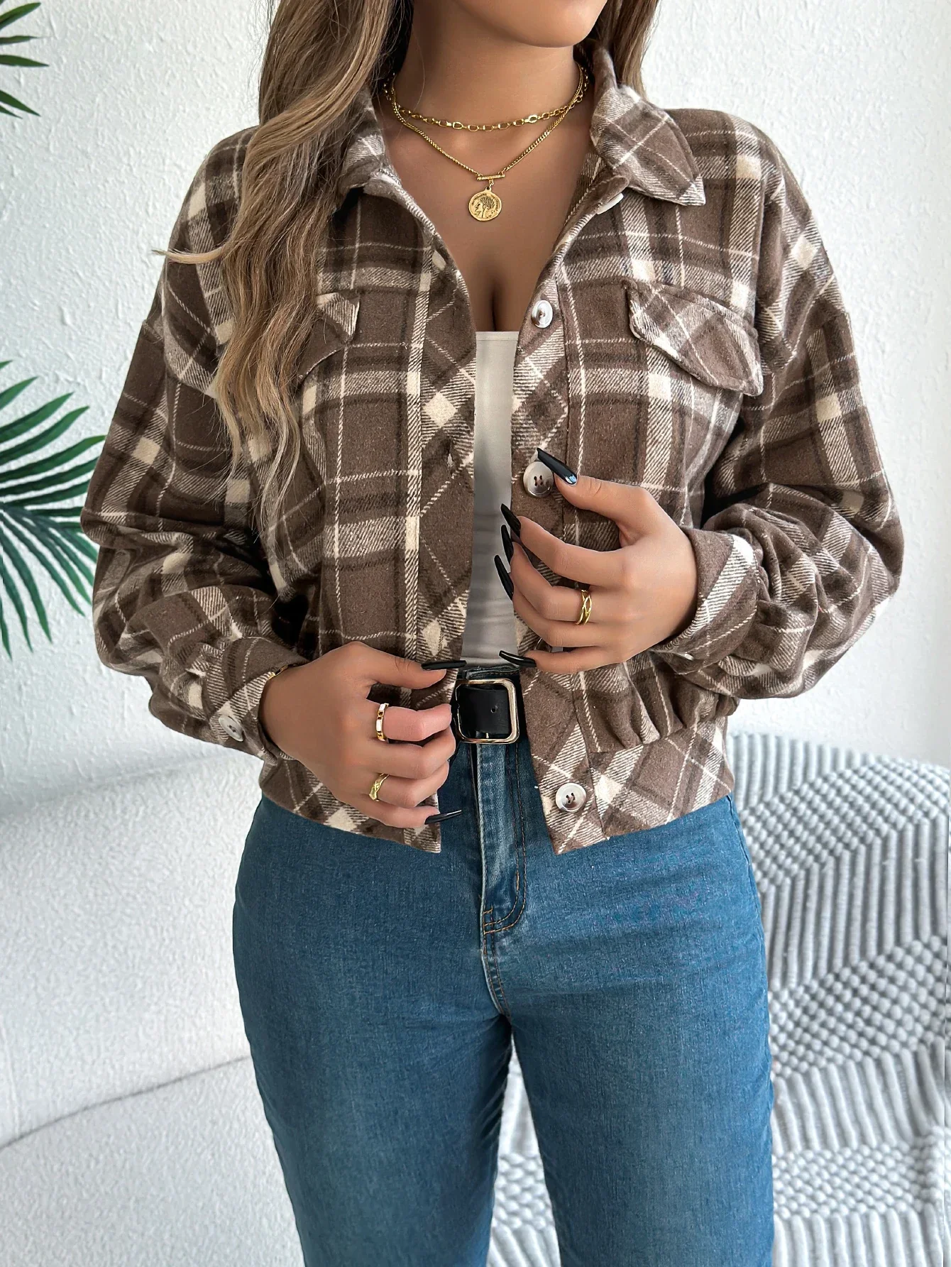 Ceylan Women's Shacket Cropped Plaid Flannel Shirt Jacket - Image 12