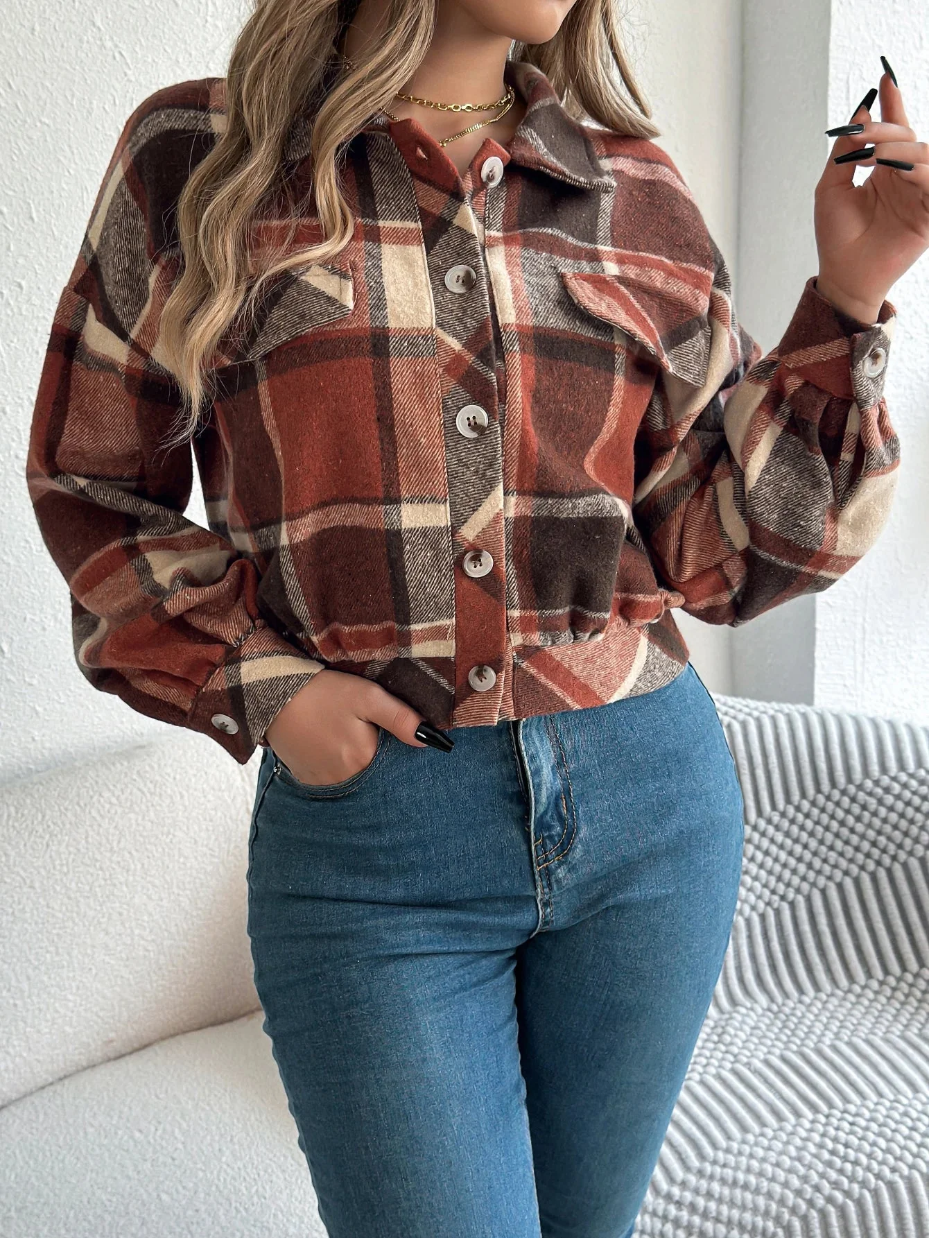 Ceylan Women's Shacket Cropped Plaid Flannel Shirt Jacket - Image 13