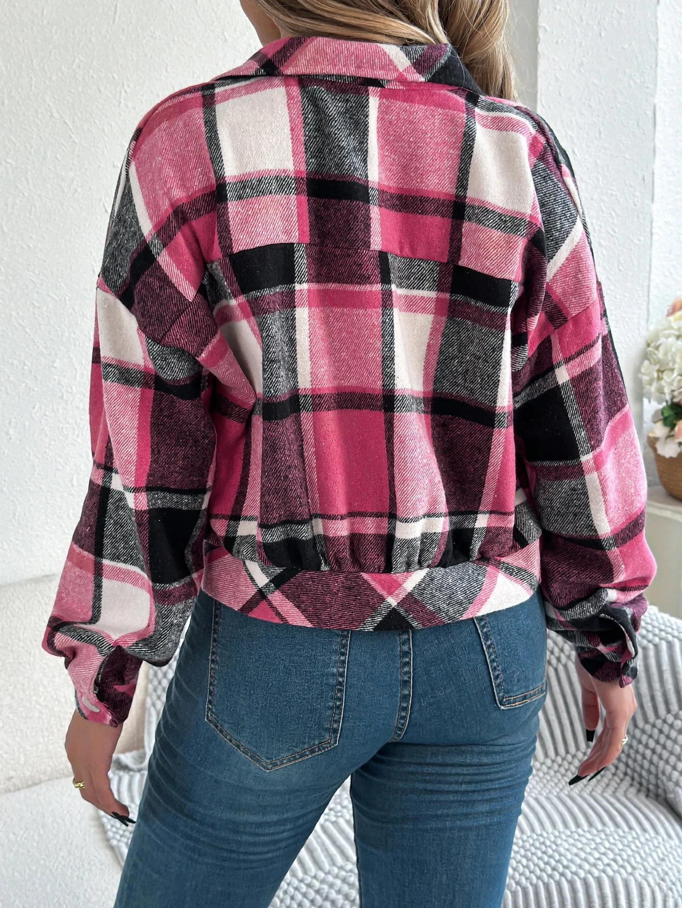 Ceylan Women's Shacket Cropped Plaid Flannel Shirt Jacket - Image 14