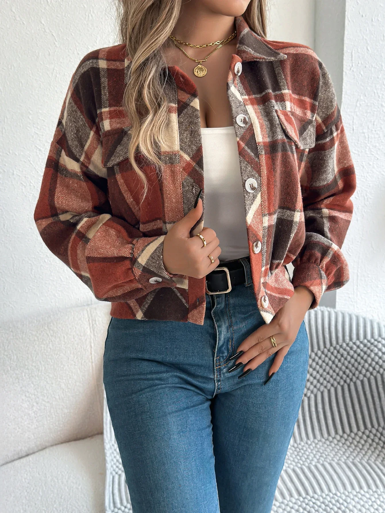 Ceylan Women's Shacket Cropped Plaid Flannel Shirt Jacket - Image 15