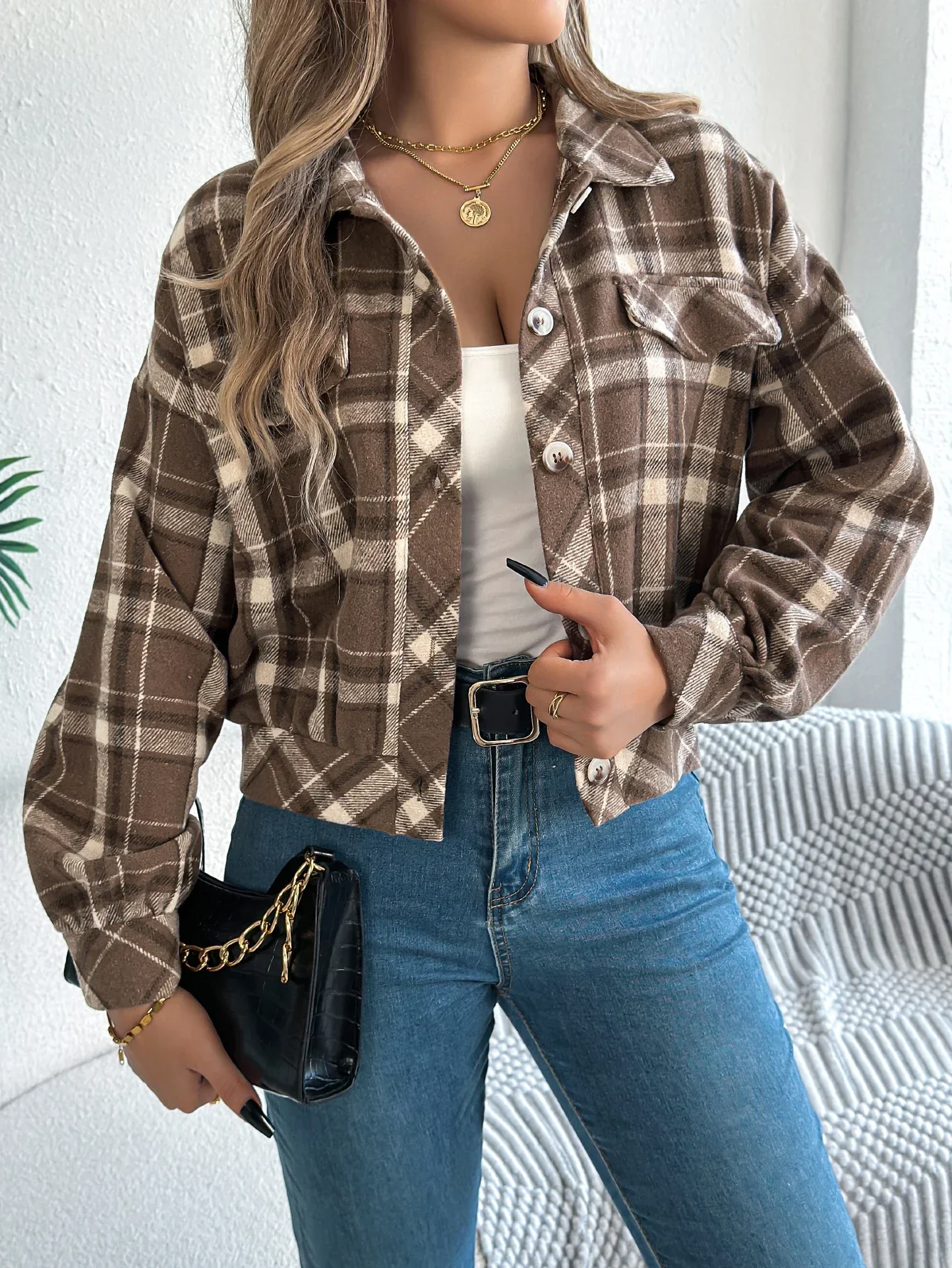 Ceylan Women's Shacket Cropped Plaid Flannel Shirt Jacket - Image 17